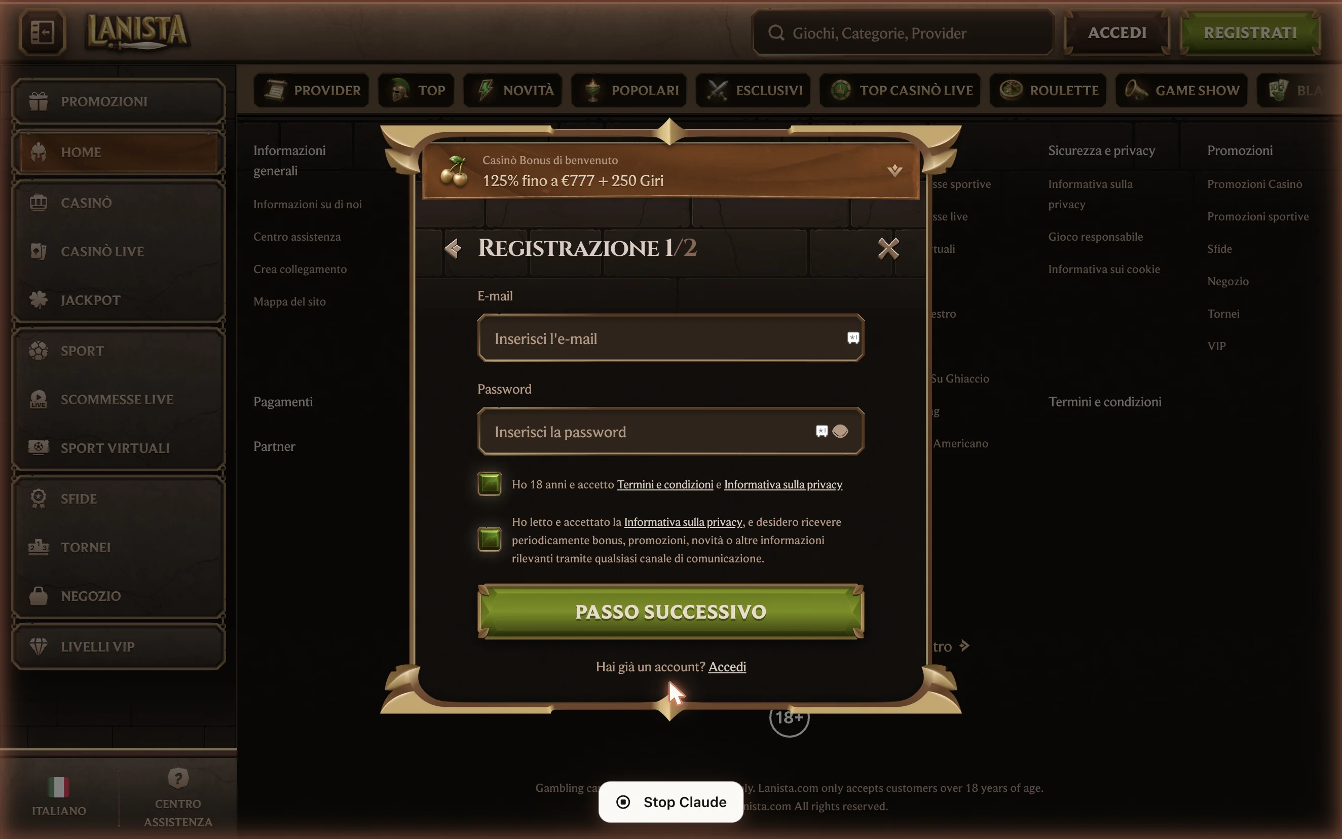 Il primo step di registrazione: solo email e password.