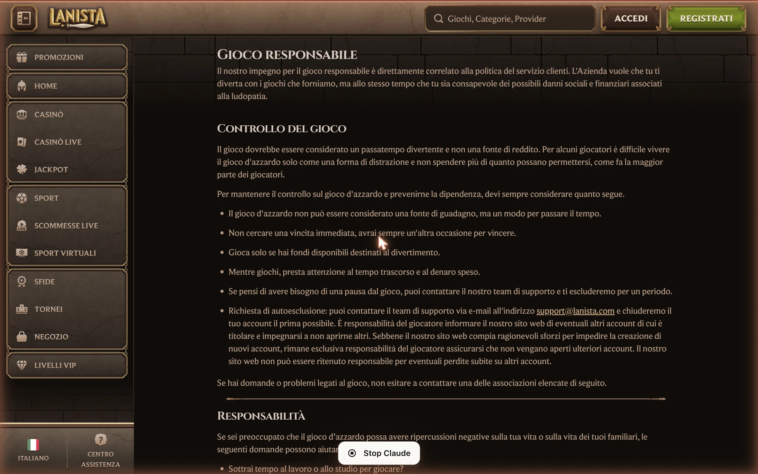 La pagina Gioco Responsabile con test di autovalutazione a 13 domande.