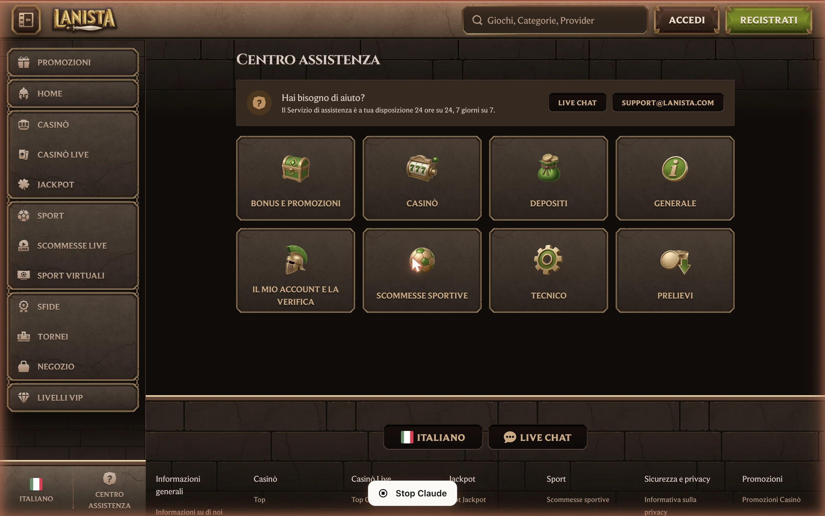 Il Centro Assistenza organizzato in 8 categorie.