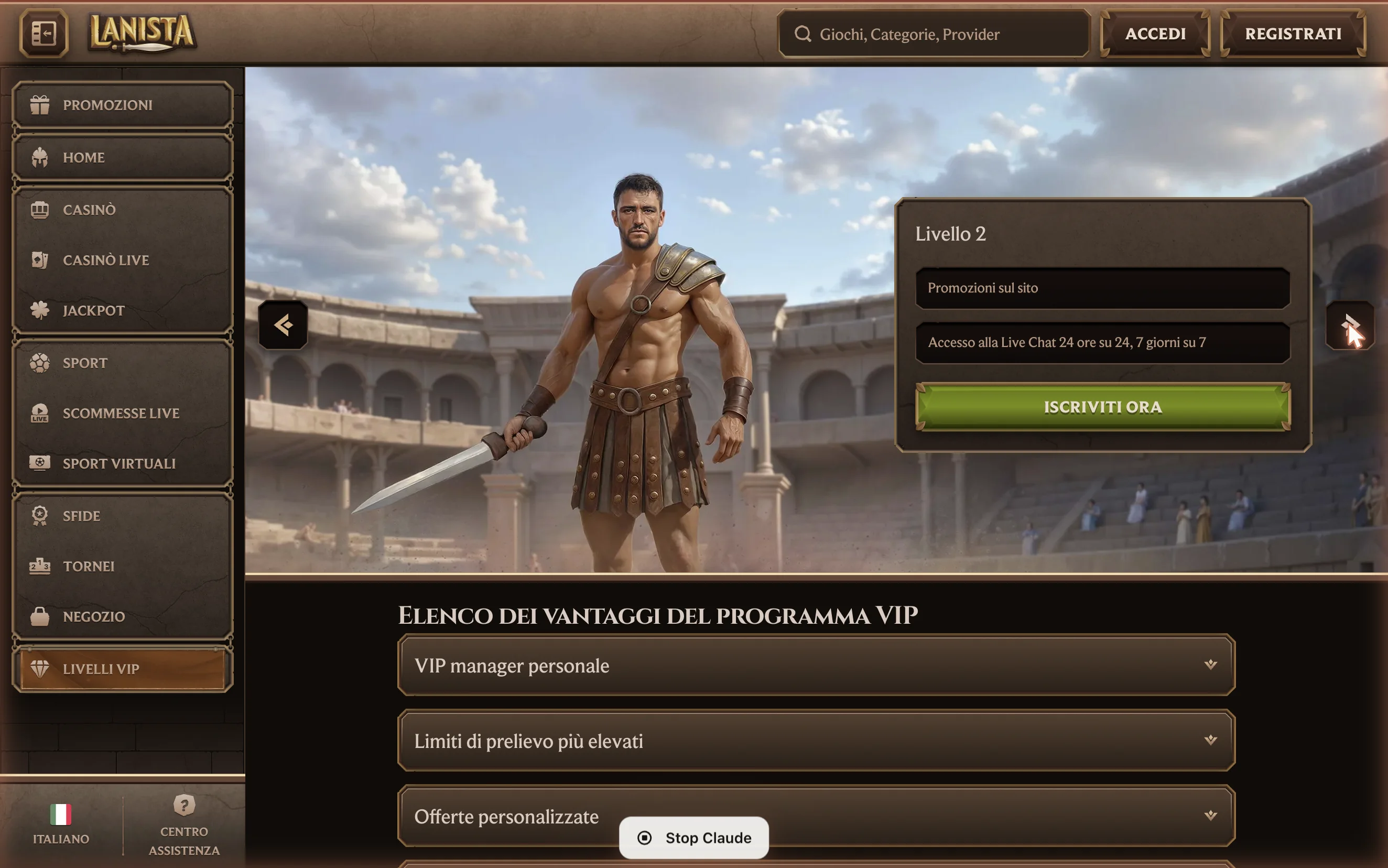 Il programma VIP: avatar con armatura da gladiatore crescente di livello in livello.