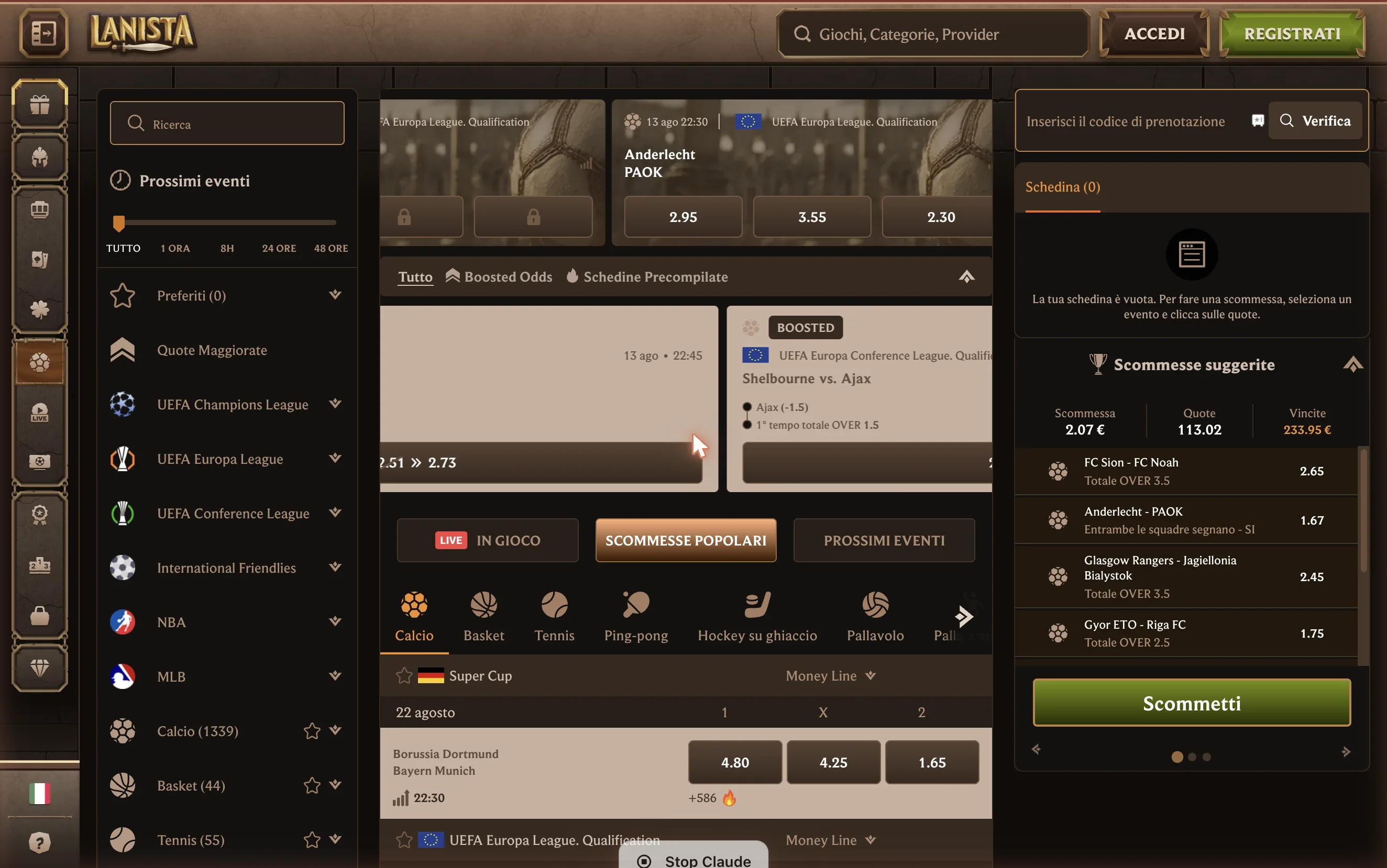 Il book sportivo live con oltre 1.300 eventi calcio e schedina suggerita.